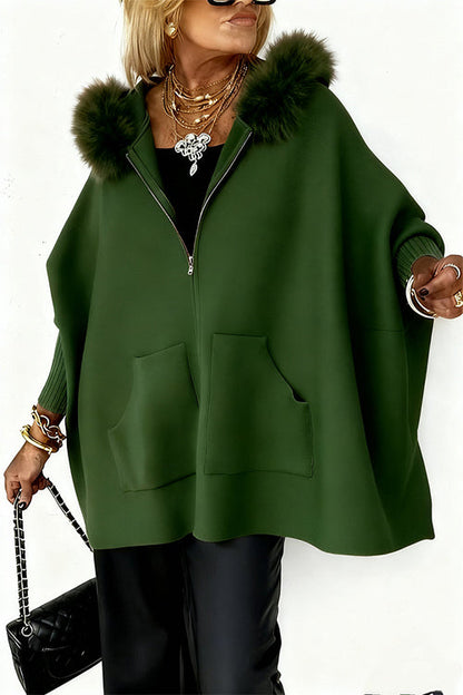 Margovil Dolman Sleeves Zipper Up Pocketed Jacket with Faux Fur Hood