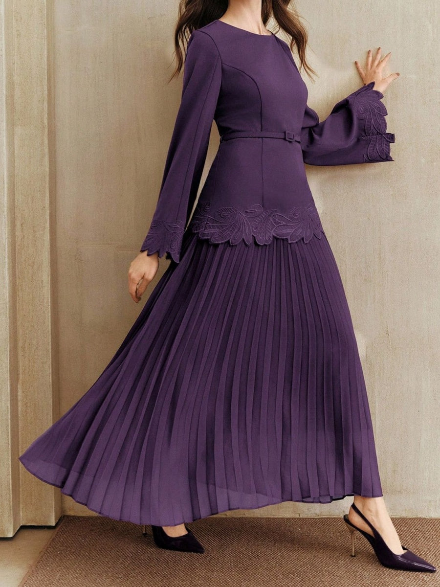 Applique Including Belt Pleats Maxi Dresses