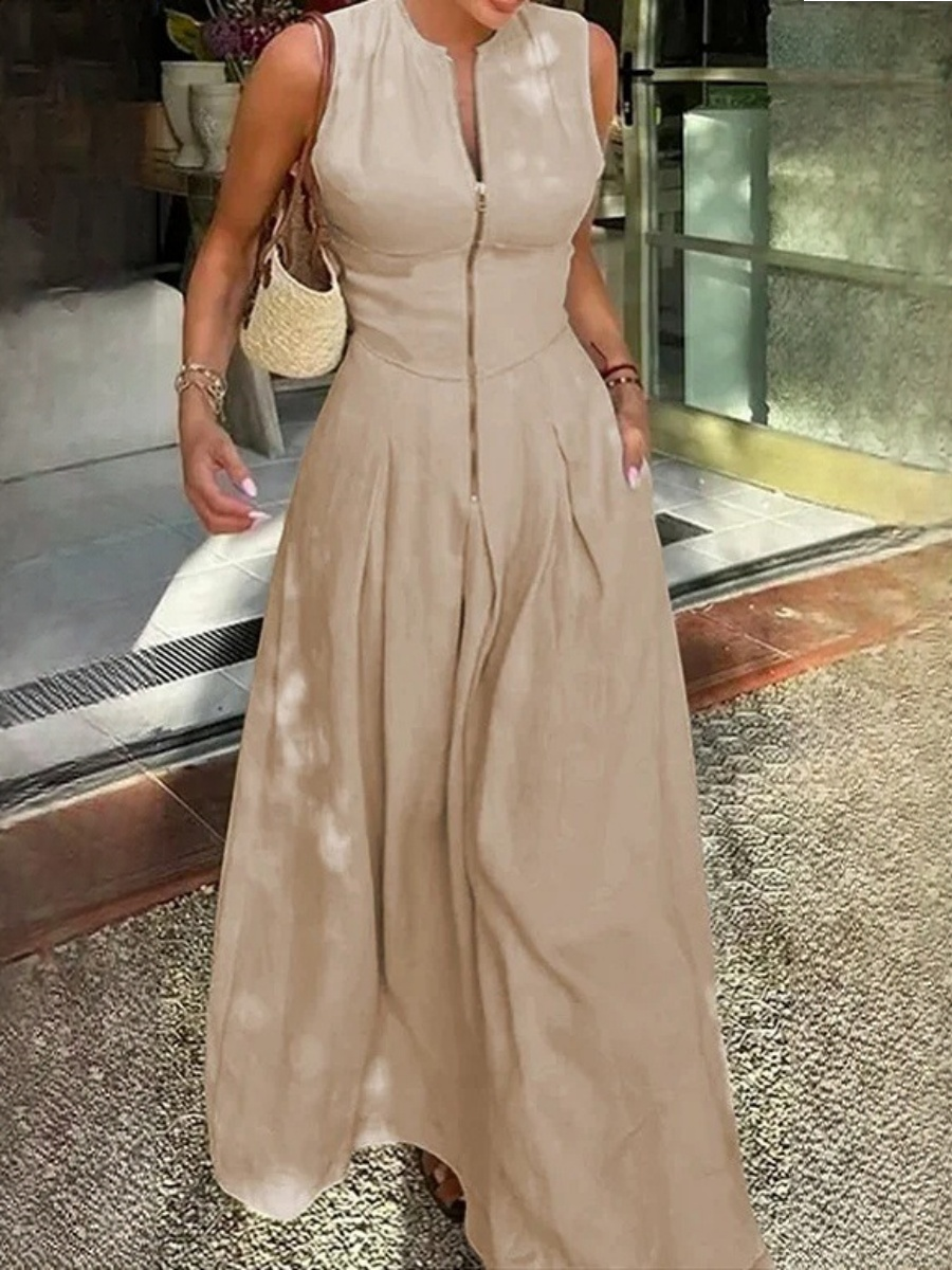 High-waisted Solid Color Sleeveless Zipper Long Dress