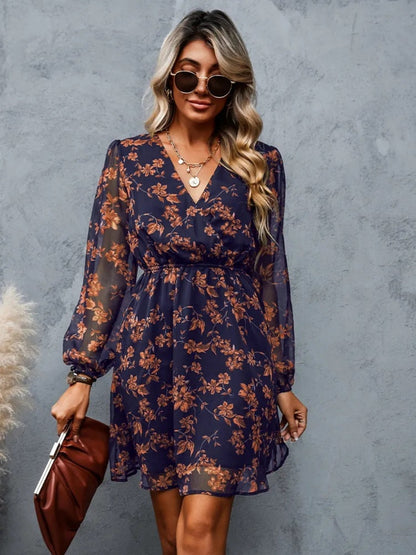 Printed Chiffon V-neck Sheer Long Sleeves Mini&Short Dresses