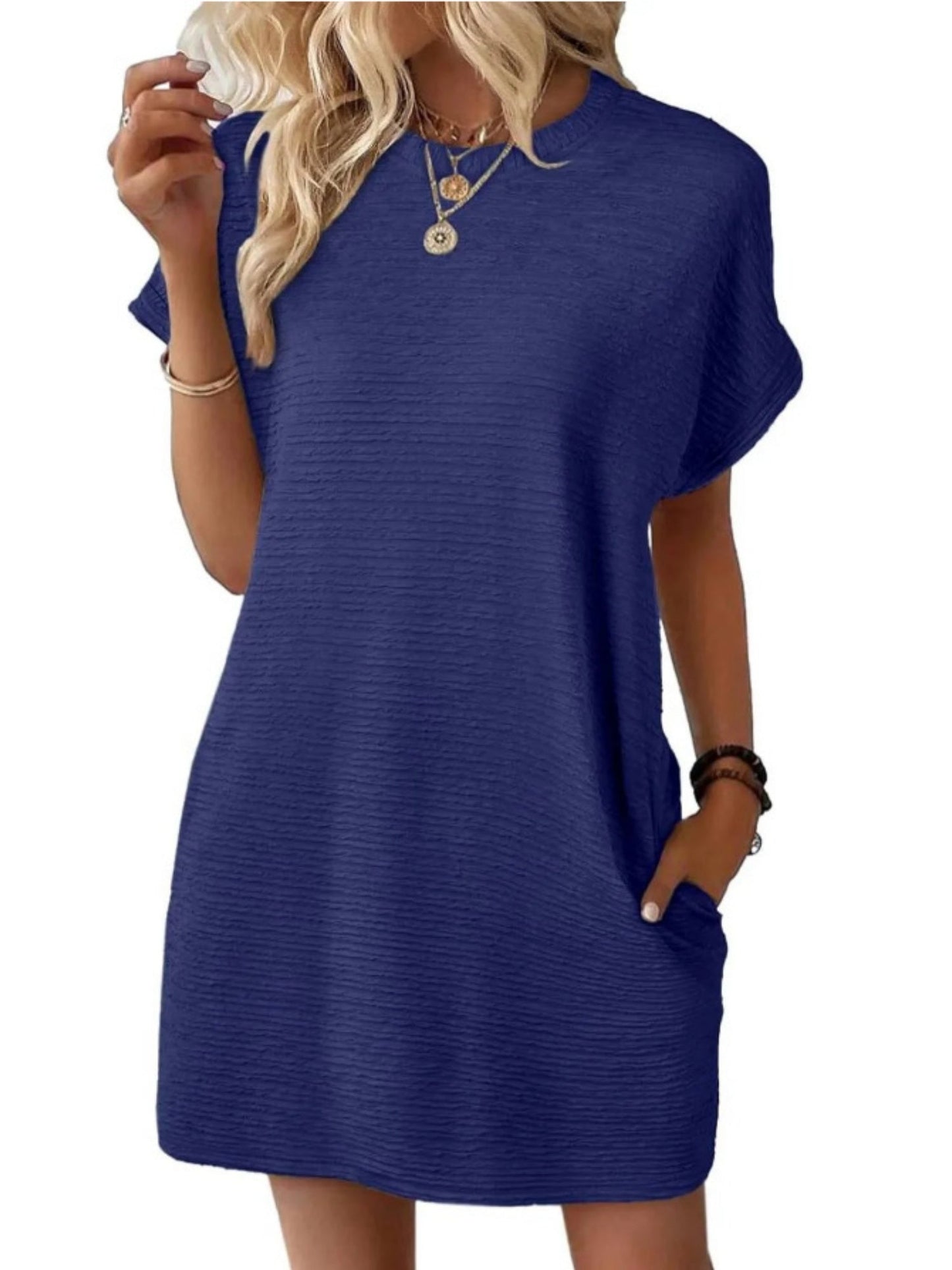 Pocket Crew Neck Short Sleeve Loose-fit Mini&Short Dresses
