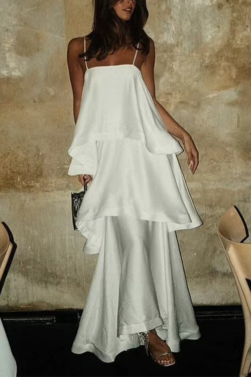 Margovil Spaghetti Strap Ruffle Layered Satin Maxi Dress