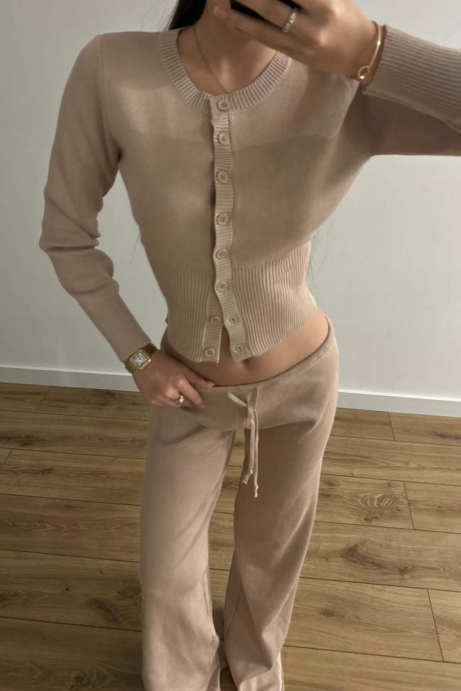 | Fitted Buttoned Long-Sleeve Low-Rise Knit Two Piece Set