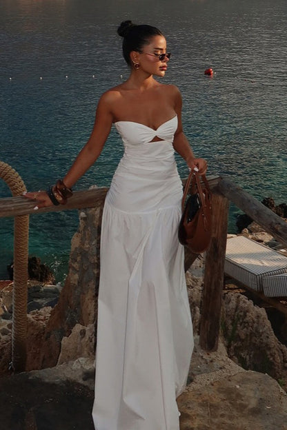 Strapless Twist Front Cutout Ruched Tiered Maxi Dress