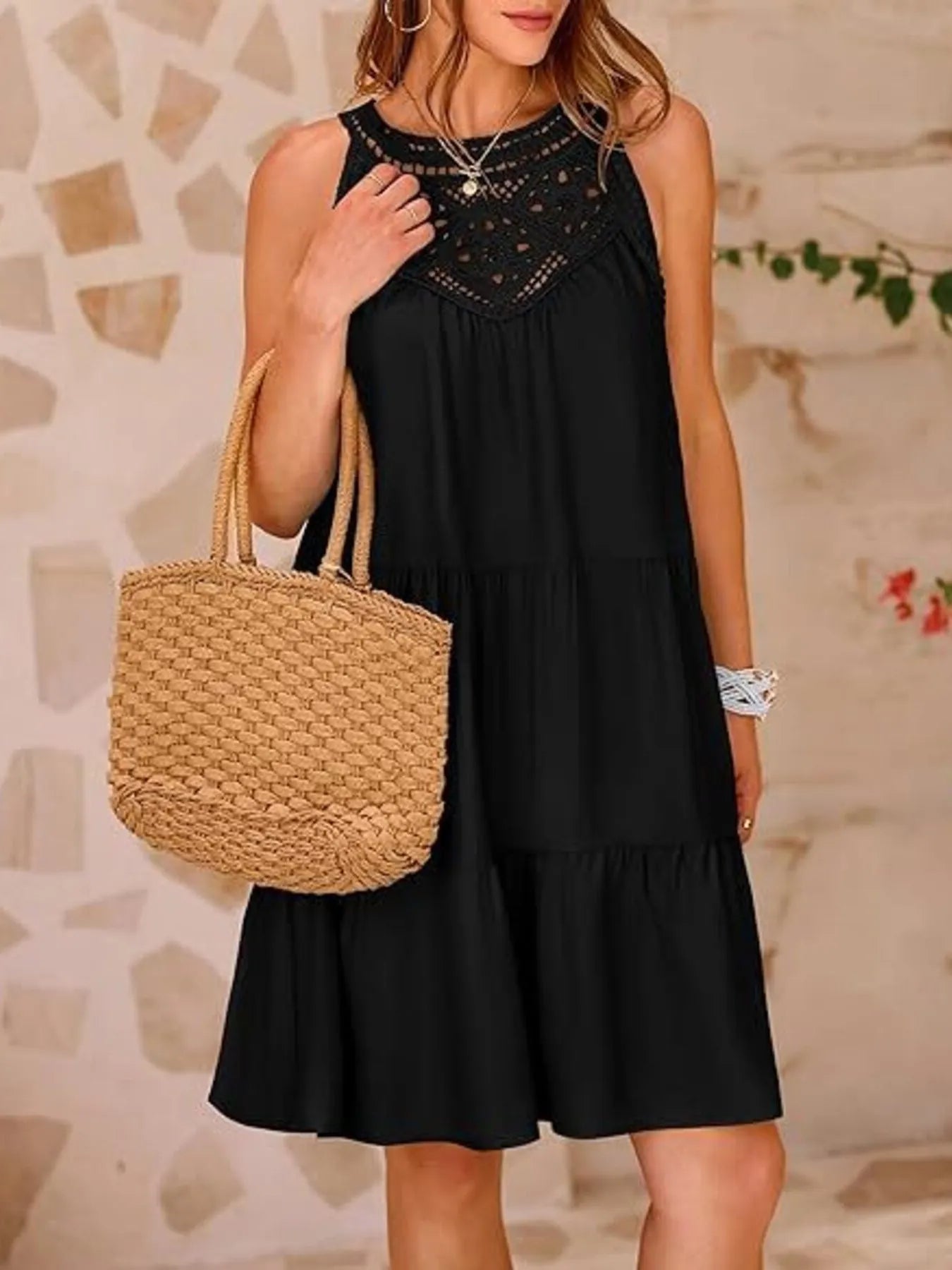 Crochet Lace Halter Neck Tiered Ruffle Mini Dress