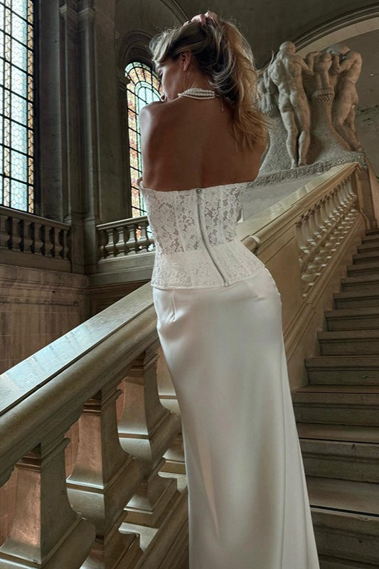 Lace Corset Bustier Sweetheart Neck Satin Column Maxi Gown