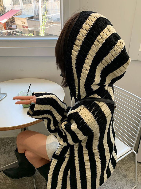 Knit Contrast Color Stripe Hooded Cardigan
