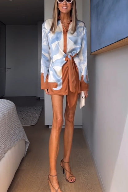 Lake Days Satin Colorblock Unique Print Tie-up Shirt Mini Dress