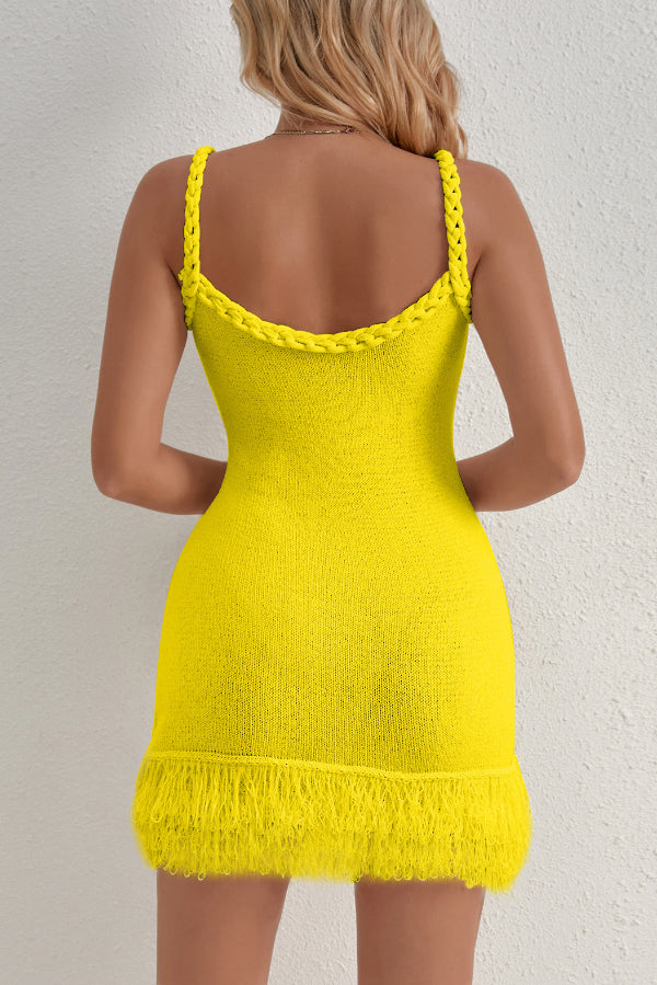 Solid Color Cable Camisole Slim Fit Tassel Knit Mini Dress
