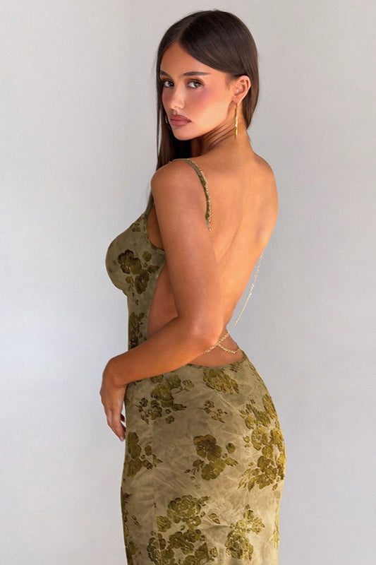 Floral Burnout Velvet Spaghetti Strap Chain Back Bodycon Maxi Dress