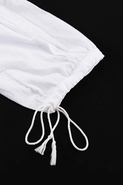 V-neck Lantern Sleeve Cotton Shirt Set