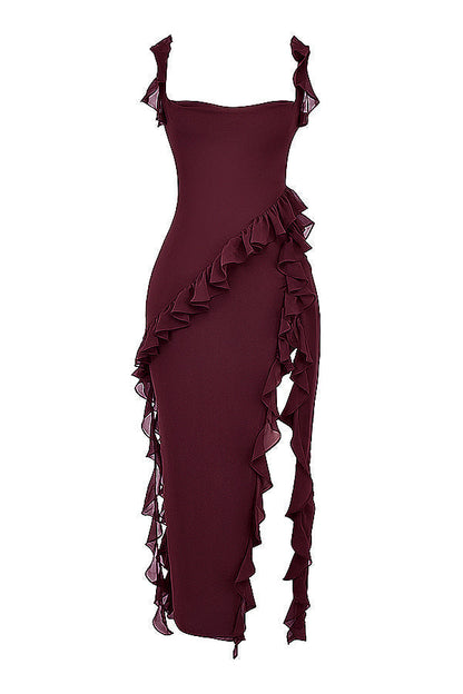 Square Neck Cap Sleeve Cascading Ruffle Trim High Slit Maxi Gown