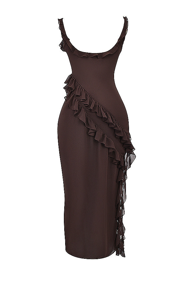 Square Neck Cap Sleeve Cascading Ruffle Trim High Slit Maxi Gown