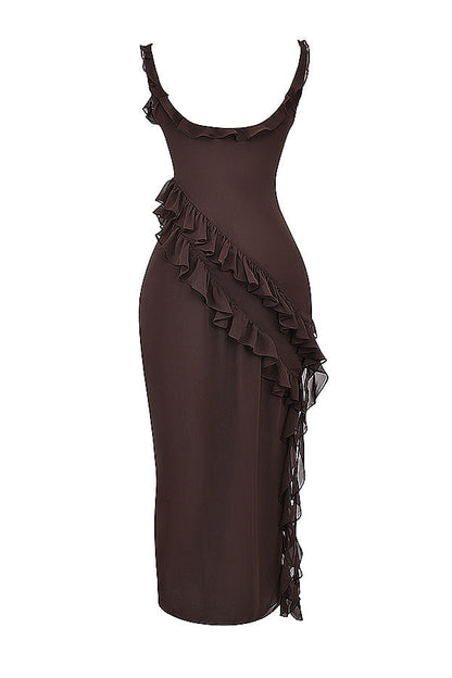Square Neck Cap Sleeve Cascading Ruffle Trim High Slit Maxi Gown