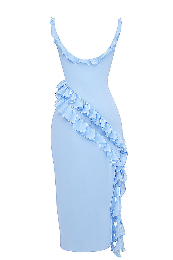 Square Neck Cap Sleeve Cascading Ruffle Trim High Slit Maxi Gown