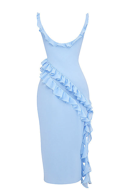 Square Neck Cap Sleeve Cascading Ruffle Trim High Slit Maxi Gown