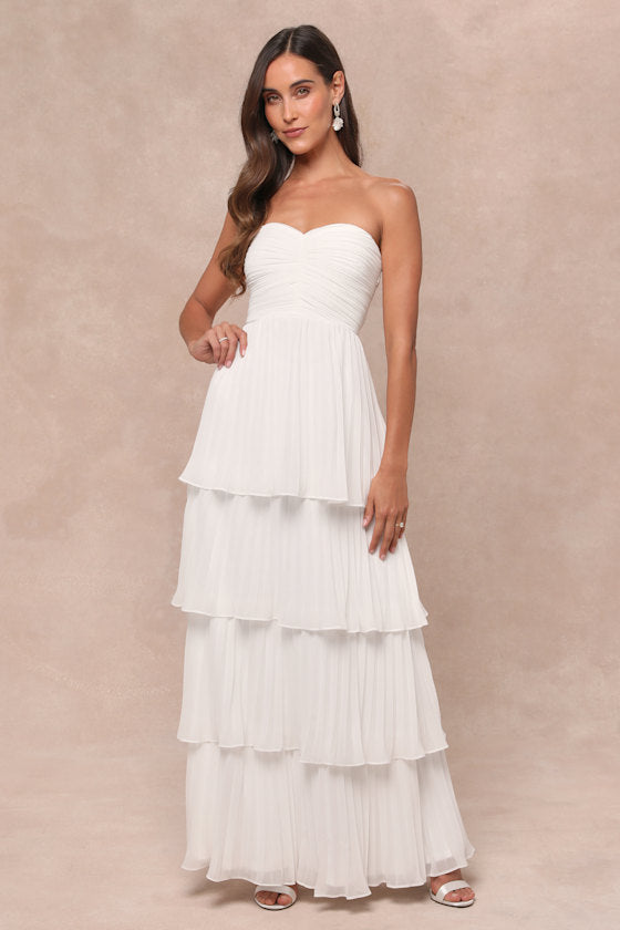Strapless Sweetheart Ruched Tiered Pleated Maxi Gown