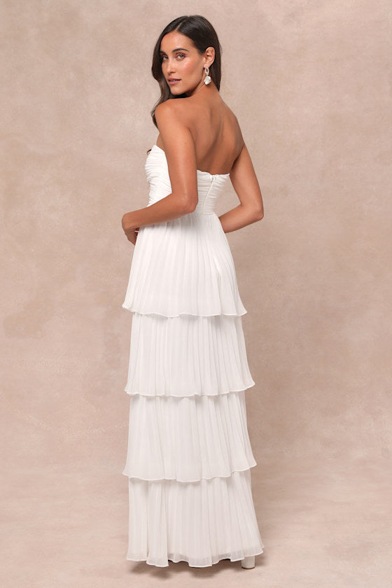 Strapless Sweetheart Ruched Tiered Pleated Maxi Gown