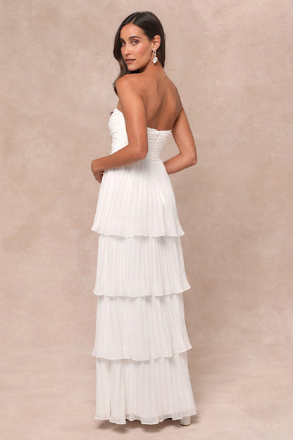 Strapless Sweetheart Ruched Tiered Pleated Maxi Gown