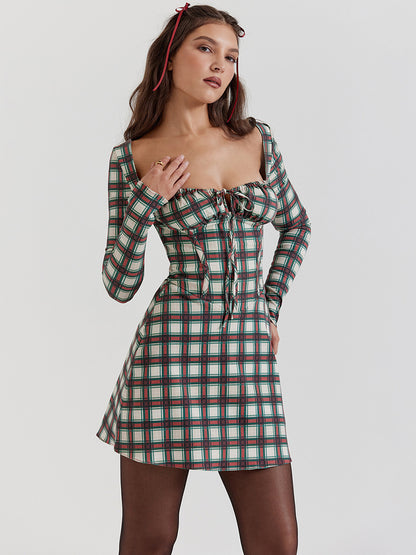 Sweet Sheath Dress Mini Floral Square Neck Long Sleeves Lace-up Mini Dresses