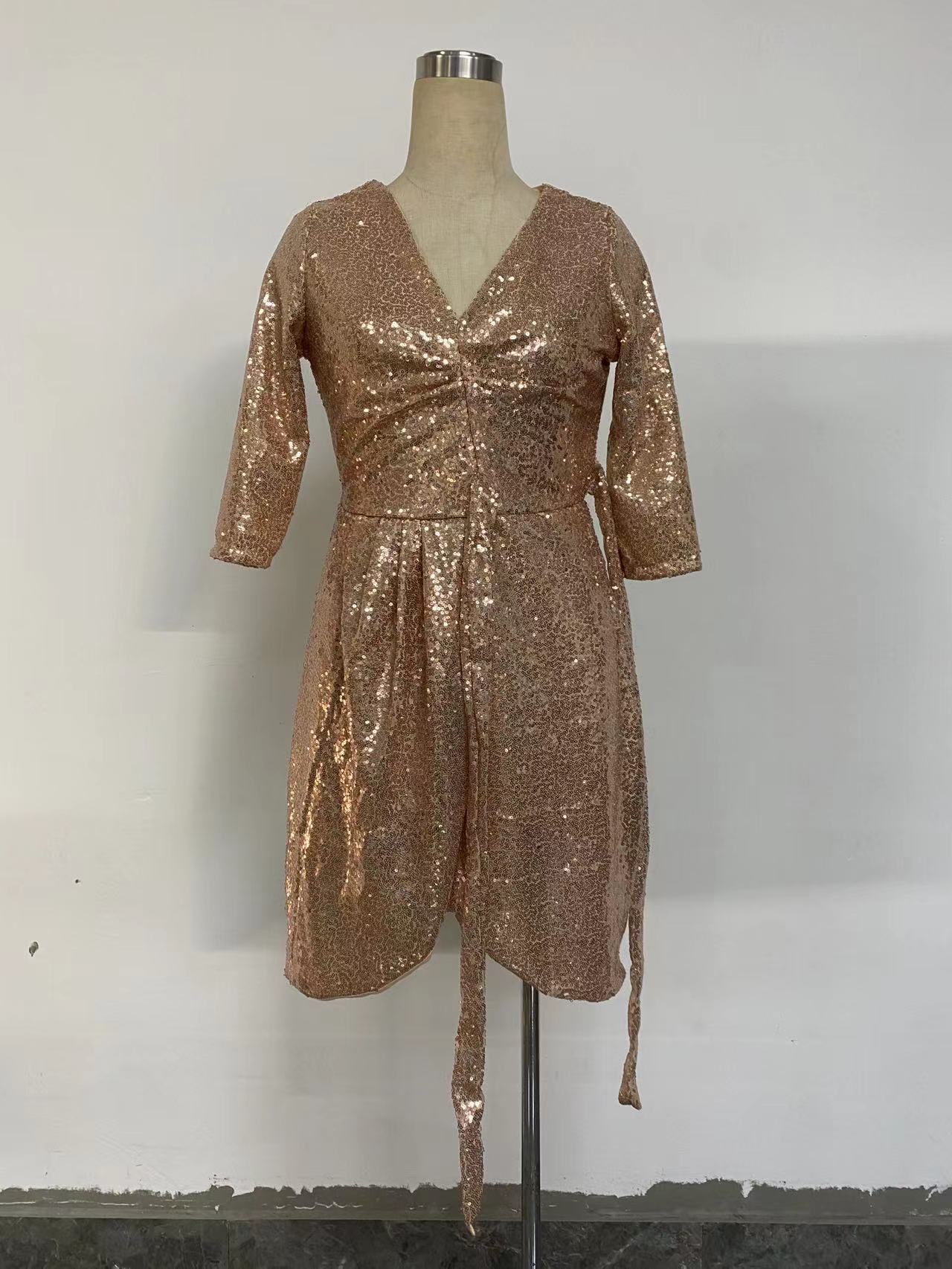 Long Sleeve Solid Color Sequ V neck Lace up Small Dress