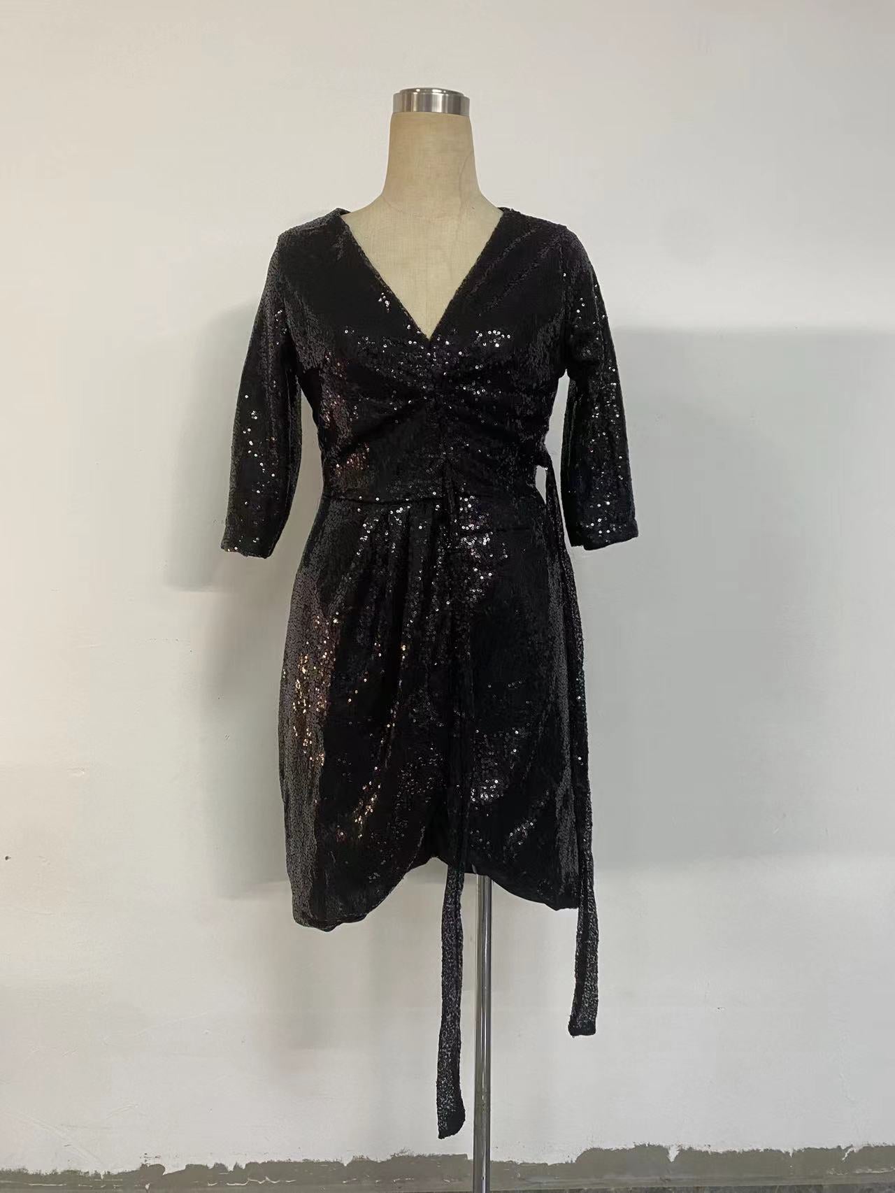 Long Sleeve Solid Color Sequ V neck Lace up Small Dress