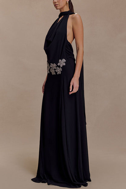 Santal Chiffon Detachable Halter Cowl Neck Scarf Floral Diamante Trims Maxi Dress