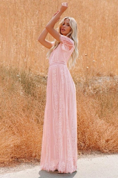 V-Neck Flutter Sleeve Ladder-Trim Lace Boho Maxi Dress