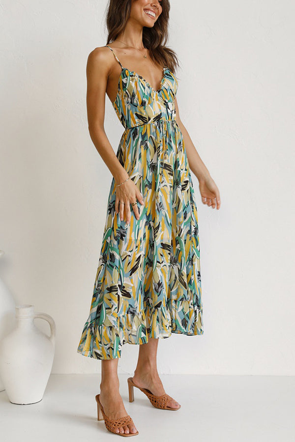 Abstract Brushstroke Print Spaghetti Strap Ruched Cup Tie-Waist Ruffle Hem Midi Dress