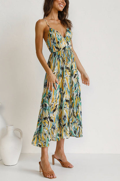 Abstract Brushstroke Print Spaghetti Strap Ruched Cup Tie-Waist Ruffle Hem Midi Dress