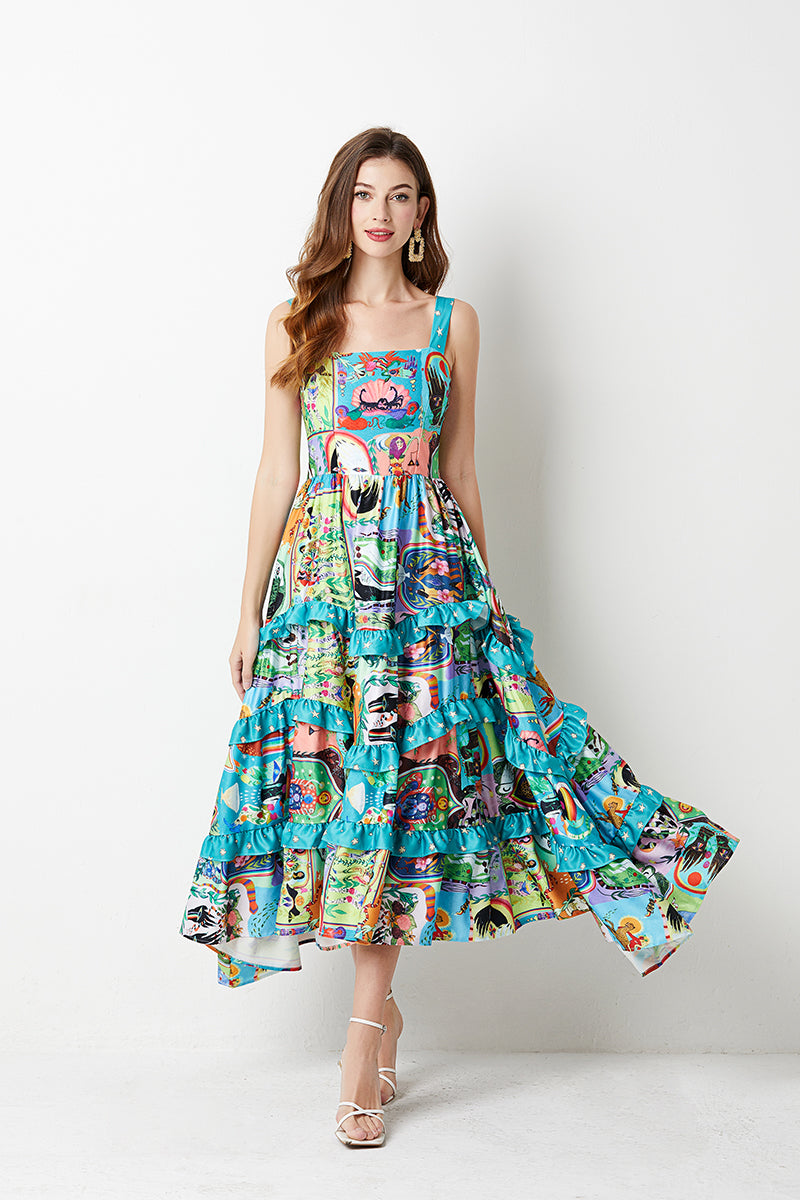 Positioning Flower Cake Dress Slim Fit High Waist A Line Dress