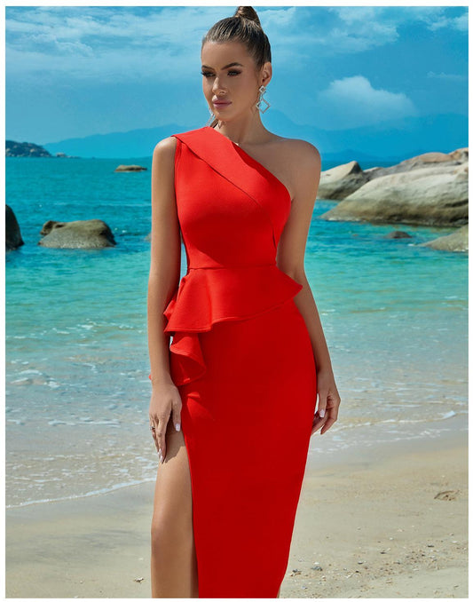 Bandage Dress Evening Dress Bandagedress Dress One Shoulder Ruffled Slit Party