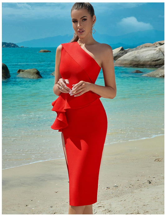 Bandage Dress Evening Dress Bandagedress Dress One Shoulder Ruffled Slit Party