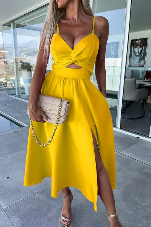 Twist Front Spaghetti Strap Cutout Crop Top High Slit Midi Skirt Set