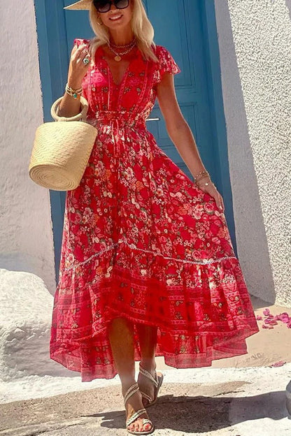 Boho Print V-Neck Ruffle Cap Sleeve Elastic Waist Tiered Maxi Dress