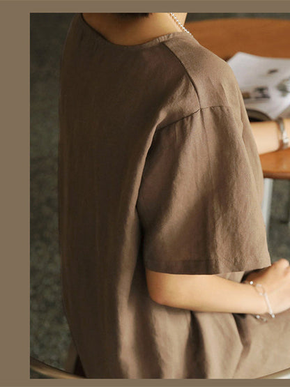 Pure Cotton Solid Color Short-sleeved Midi Dress With Slit