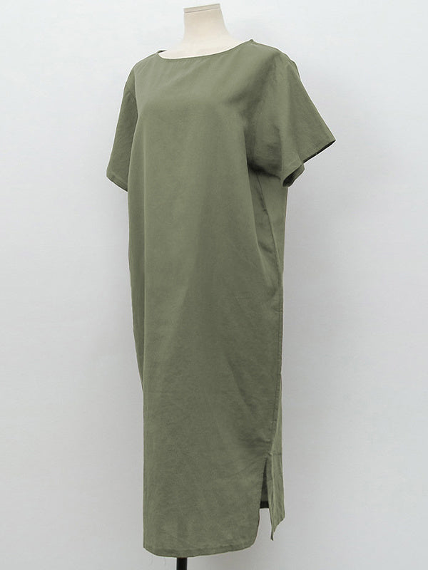 Pure Cotton Solid Color Short-sleeved Midi Dress With Slit