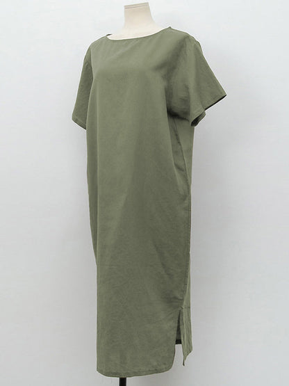 Pure Cotton Solid Color Short-sleeved Midi Dress With Slit