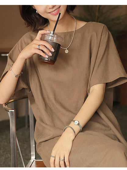 Pure Cotton Solid Color Short-sleeved Midi Dress With Slit