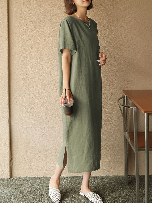 Pure Cotton Solid Color Short-sleeved Midi Dress With Slit