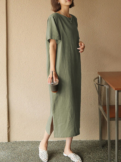 Pure Cotton Solid Color Short-sleeved Midi Dress With Slit