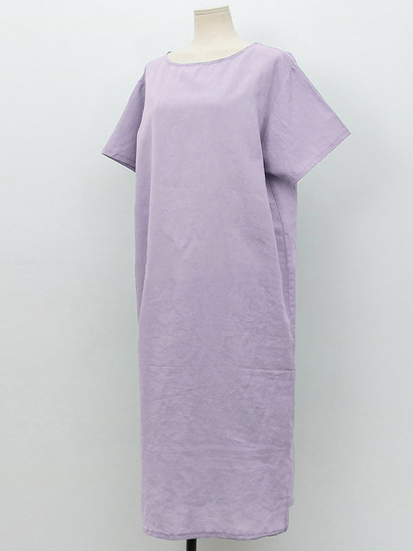 Pure Cotton Solid Color Short-sleeved Midi Dress With Slit
