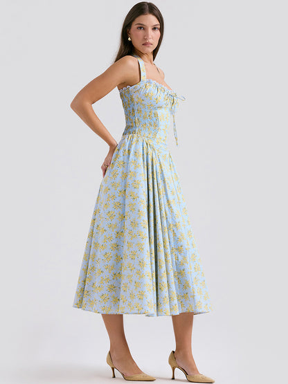 Corset Dress Floral Halter Lace Up Front Pleated Eyelet Trim Party Midi Dresses