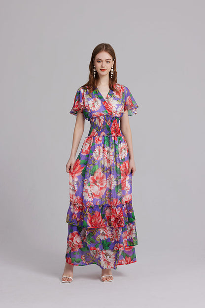 V Neck Ruffled Short Sleeve Stretch High Waisted Princess Style Print Long Dress