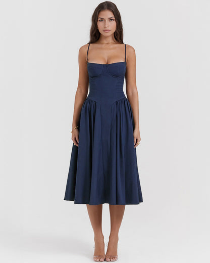 Bustier Spaghetti Strap Underwire Cup Dropped Waist Pleated Midi Dress