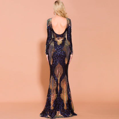 Evening  Stitching Mop Long Sequ Dress Ladies Formal Gown