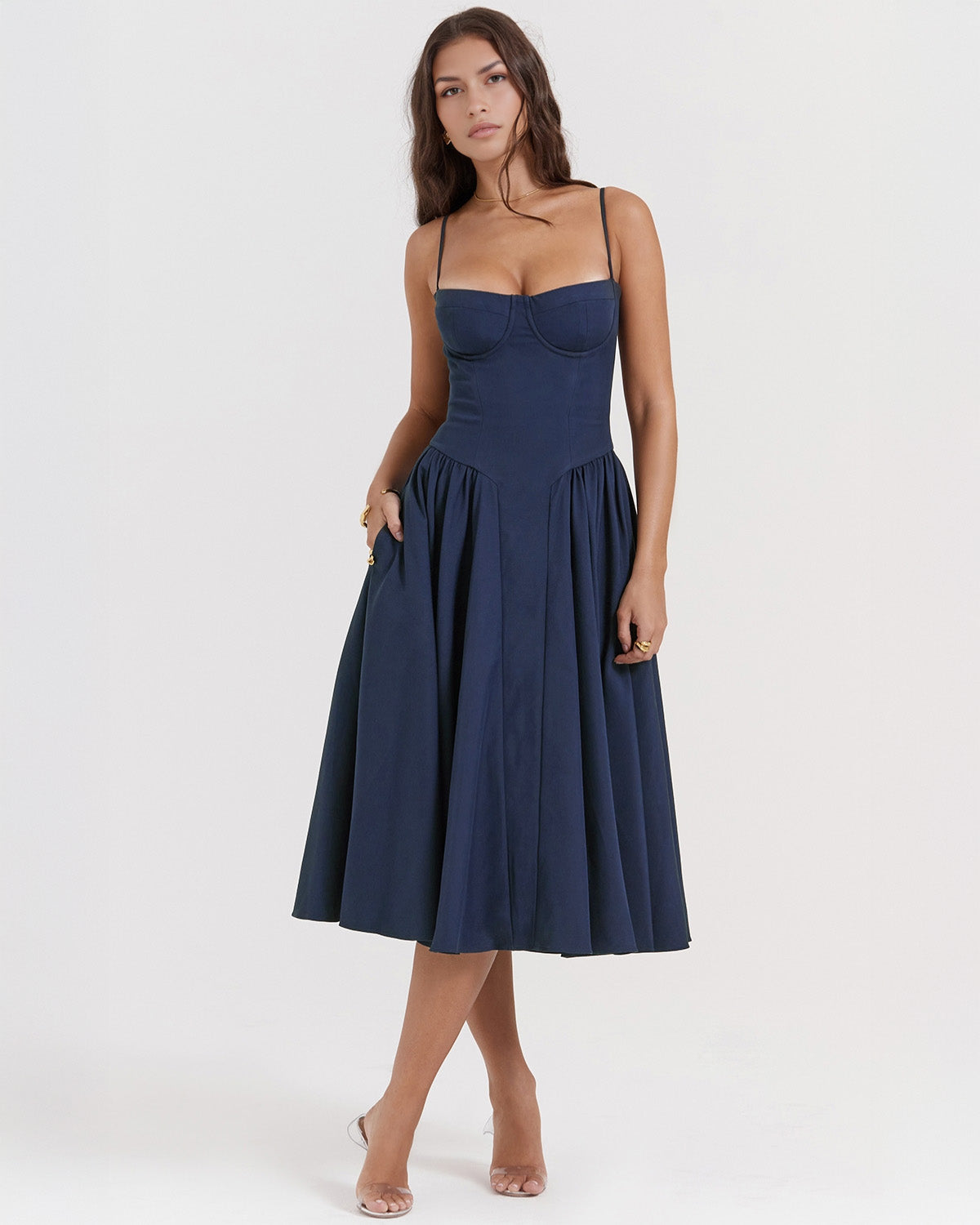 Bustier Spaghetti Strap Underwire Cup Dropped Waist Pleated Midi Dress