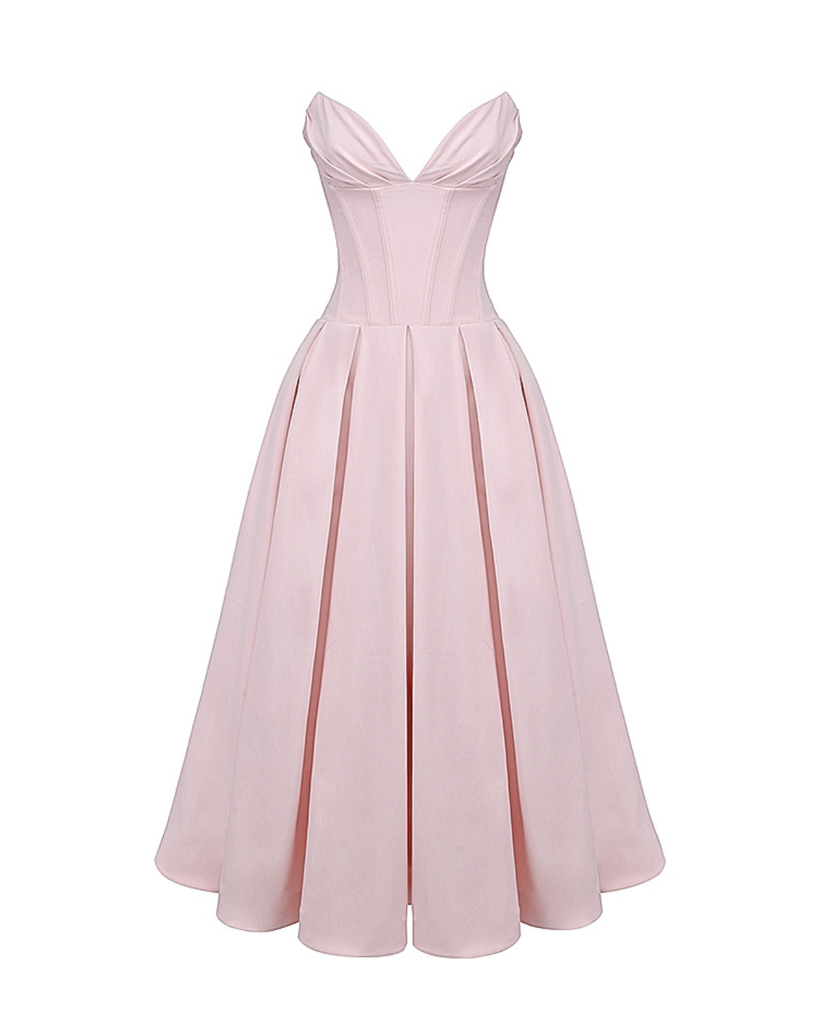 Strapless Corset Sweetheart Neckline Box Pleat A-Line Midi Dress