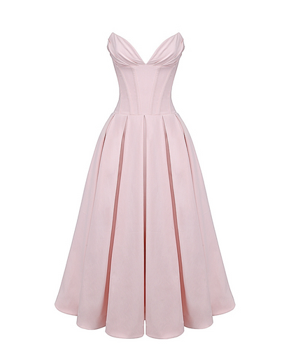 Strapless Corset Sweetheart Neckline Box Pleat A-Line Midi Dress