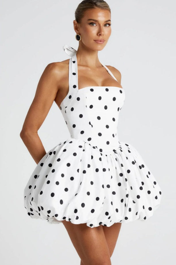 Halter Bow Back Corset Basque Waist Bubble Hem Mini Dress